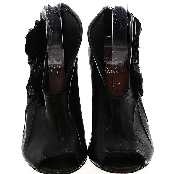 Vince Camuto Alta Black Leather Heels Size 6.5 Rosette Details Peep Toe - Picture 5 of 13